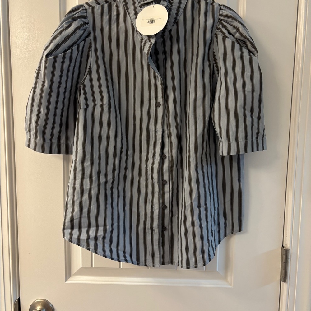Karlie Blue Stripe Ruffle Neck Top